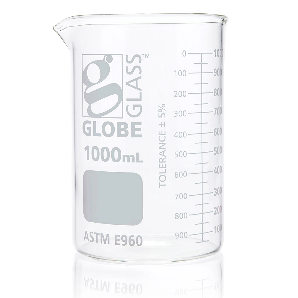 Beaker, Globe Glass, 1000mL, Low Form Griffin Style, Dual Graduations, ASTM E960, 6/Box — Qty/Unit: 6