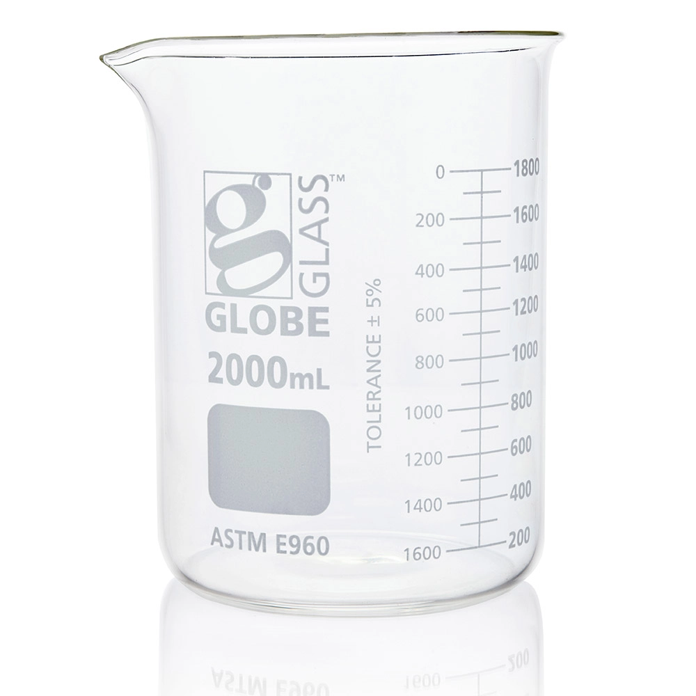 Beaker, Globe Glass, 2000mL, Low Form Griffin Style, Dual Graduations, ASTM E960, 4/Box — Qty/Unit: 4