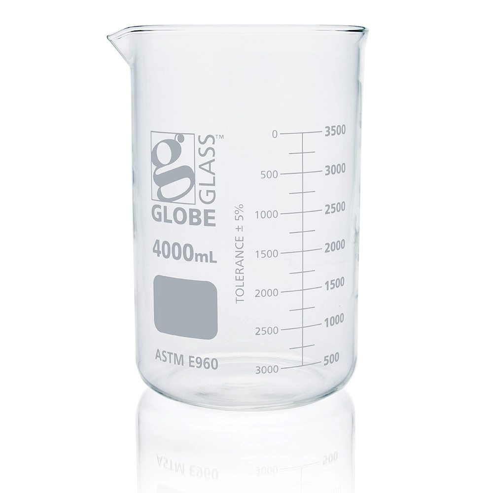 Beaker, Globe Glass, 4000mL, Low Form Griffin Style, Dual Graduations, ASTM E960, 1/Box — Qty/Unit: 1