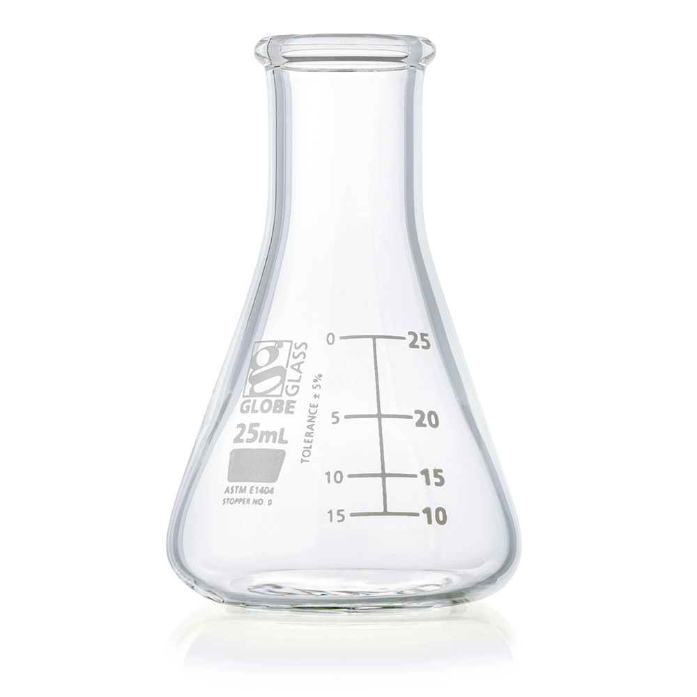 Flask, Erlenmeyer, Globe Glass, 25mL, Narrow Mouth, Dual Graduations, ASTM E1404, 12/Box — Qty/Unit: 12