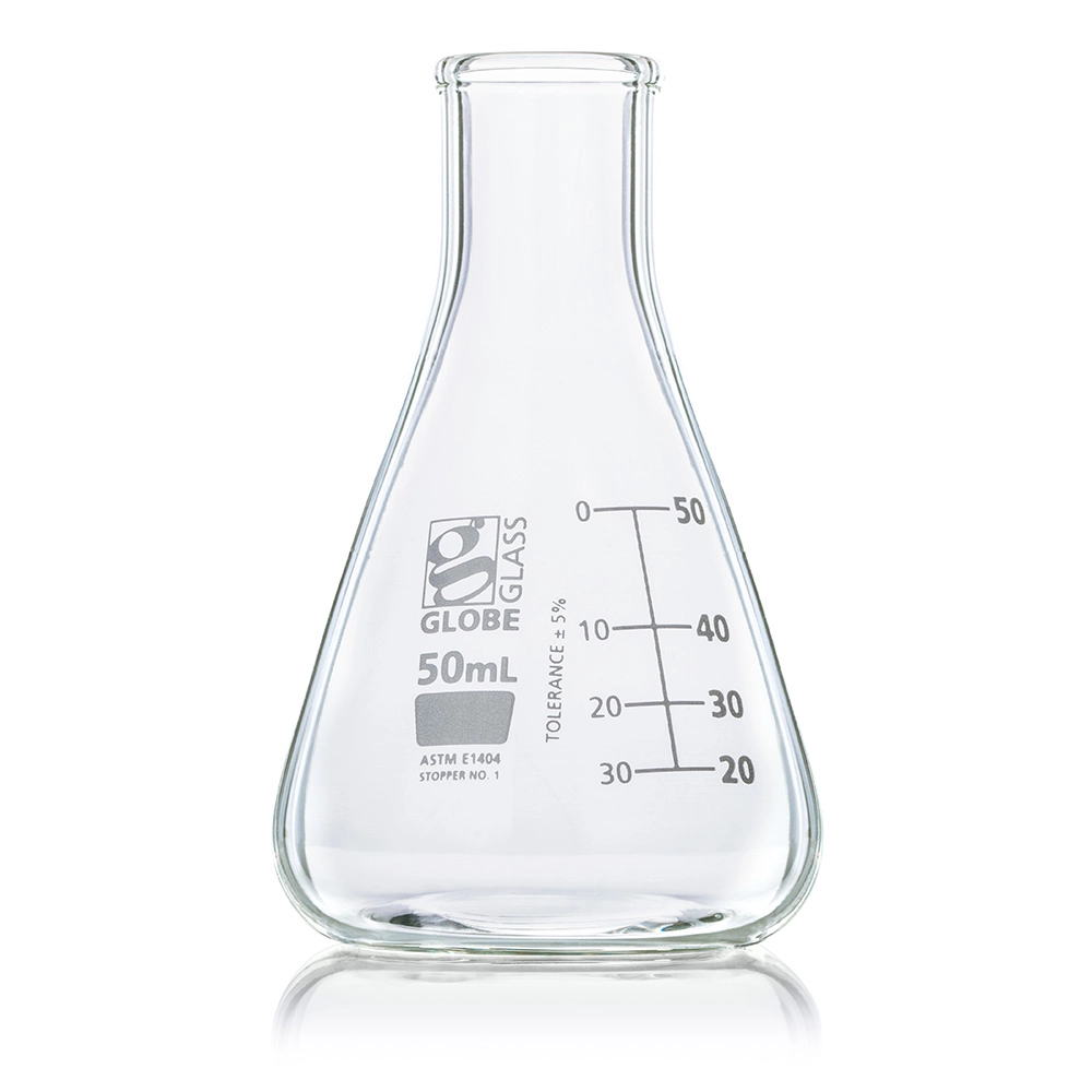 Flask, Erlenmeyer, Globe Glass, 50mL, Narrow Mouth, Dual Graduations, ASTM E1404, 12/Box — Qty/Unit: 12