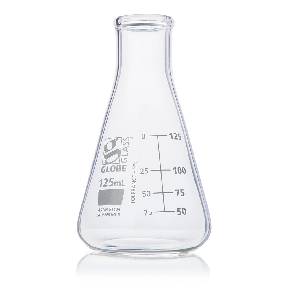 Flask, Erlenmeyer, Globe Glass, 125mL, Narrow Mouth, Dual Graduations, ASTM E1404, 12/Box — Qty/Unit: 12