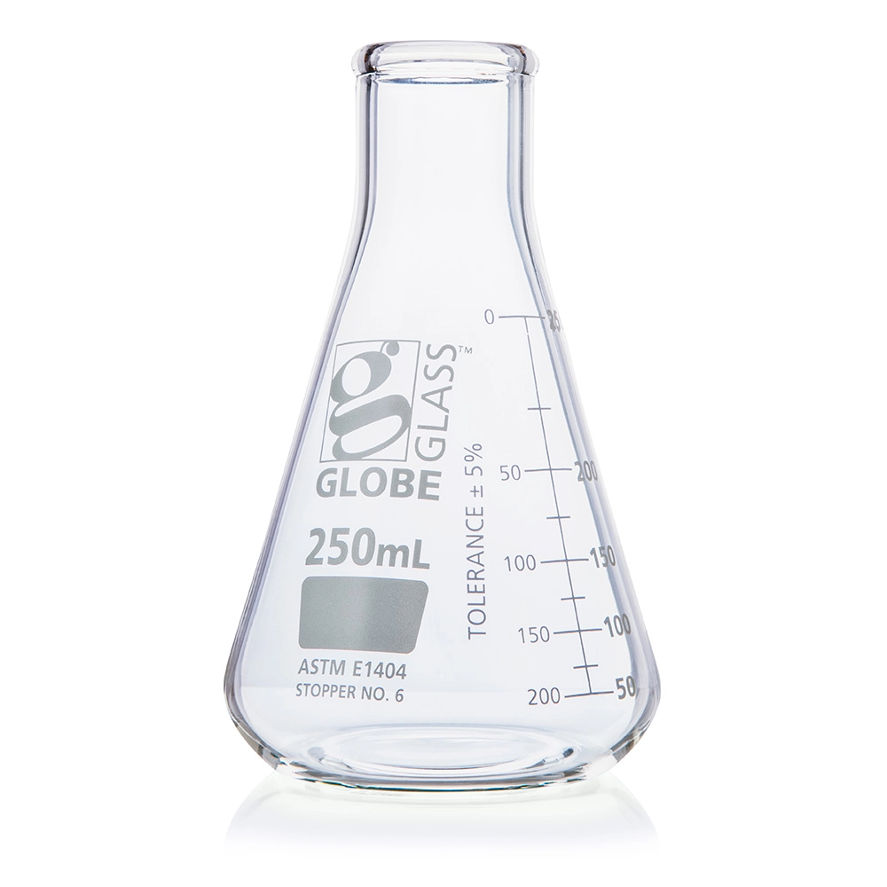 Flask, Erlenmeyer, Globe Glass, 250mL, Narrow Mouth, Dual Graduations, ASTM E1404, 12/Box — Qty/Unit: 12