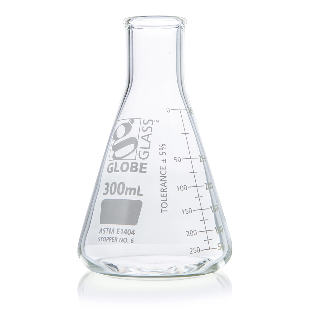 Flask, Erlenmeyer, Globe Glass, 300mL, Narrow Mouth, Dual Graduations, ASTM E1404, 12/Box — Qty/Unit: 12