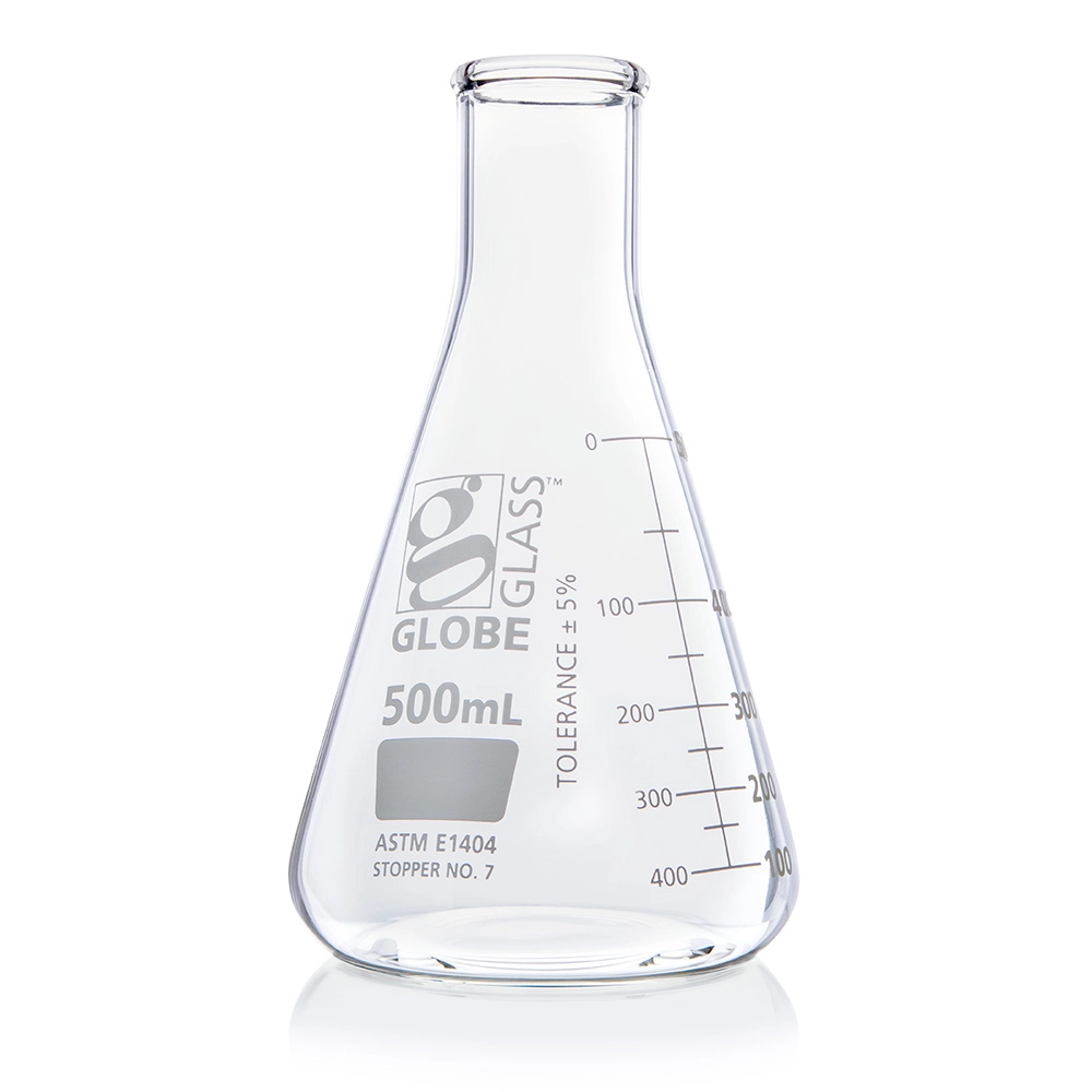 Flask, Erlenmeyer, Globe Glass, 500mL, Narrow Mouth, Dual Graduations, ASTM E1404, 6/Box — Qty/Unit: 6