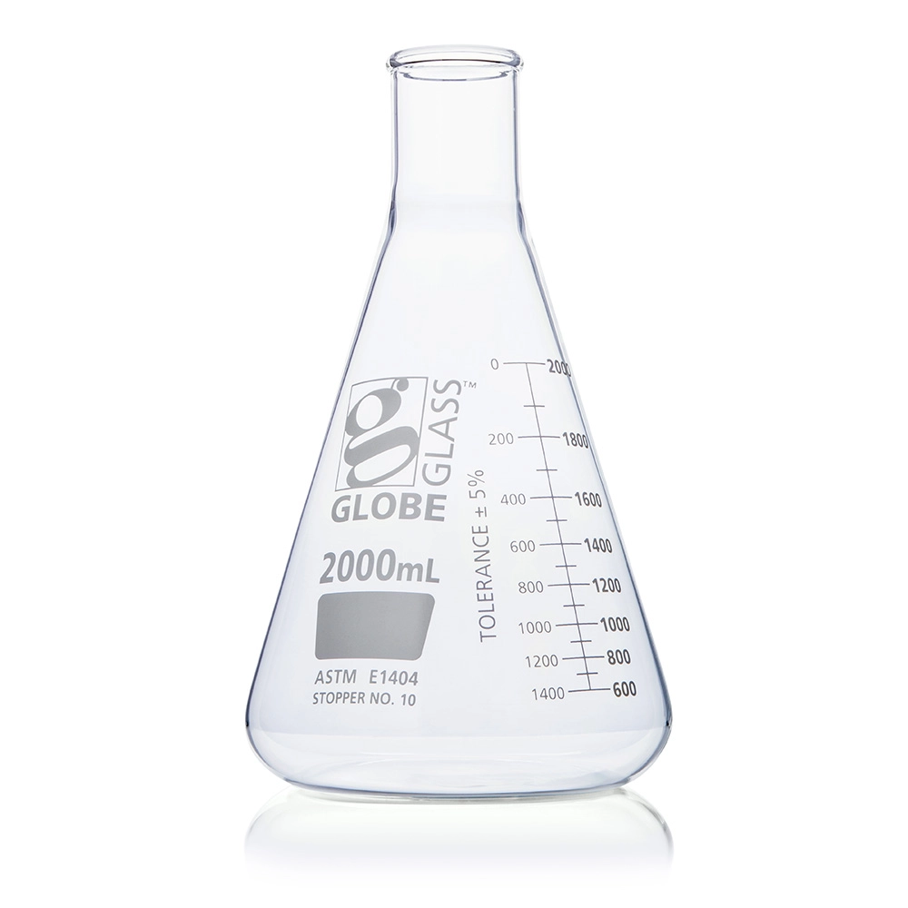 Flask, Erlenmeyer, Globe Glass, 2000mL, Narrow Mouth, Dual Graduations, ASTM E1404, 4/Box — Qty/Unit: 4