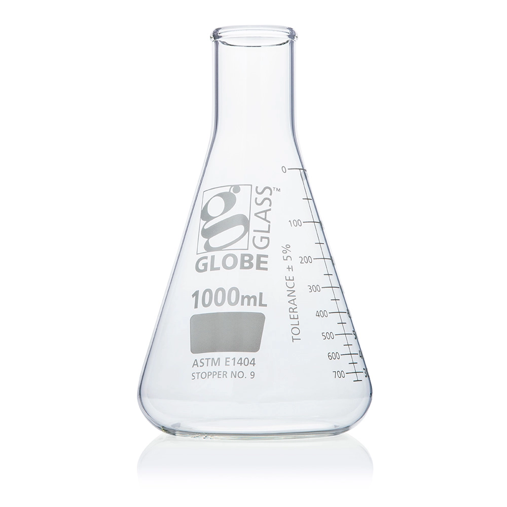 Flask, Erlenmeyer, Globe Glass, 1000mL, Narrow Mouth, Dual Graduations, ASTM E1404, 6/Box — Qty/Unit: 6