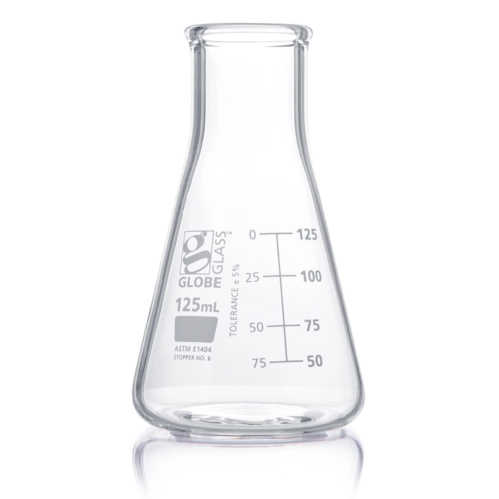 Flask, Erlenmeyer, Globe Glass, 125mL, Wide Mouth, Dual Graduations, ASTM E1404, 12/Box — Qty/Unit: 12