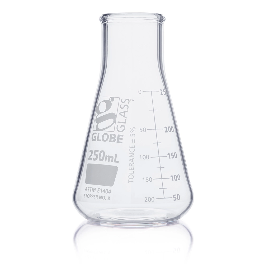 Flask, Erlenmeyer, Globe Glass, 250mL, Wide Mouth, Dual Graduations, ASTM E1404, 12/Box — Qty/Unit: 12