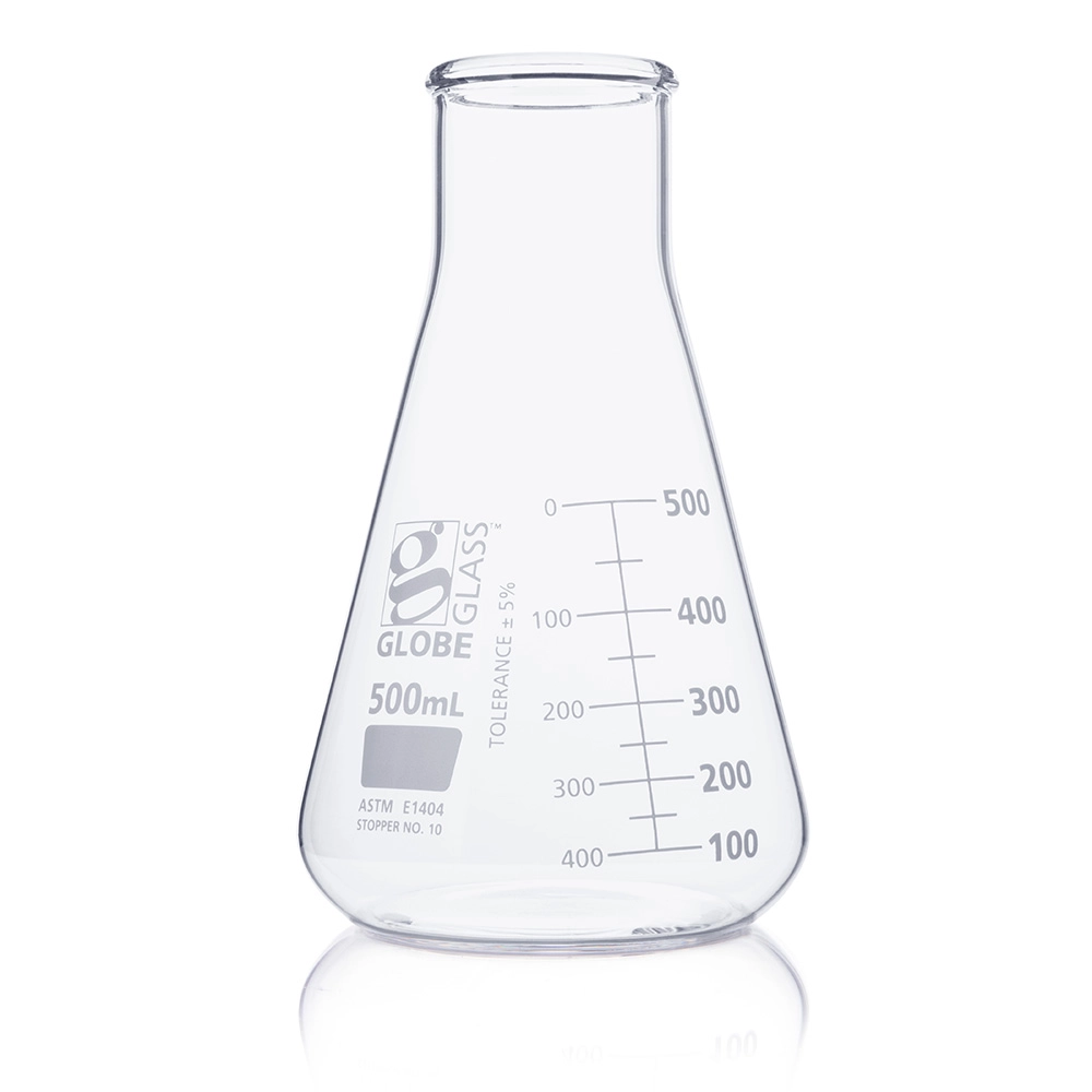 Flask, Erlenmeyer, Globe Glass, 500mL, Wide Mouth, Dual Graduations, ASTM E1404, 6/Box — Qty/Unit: 6