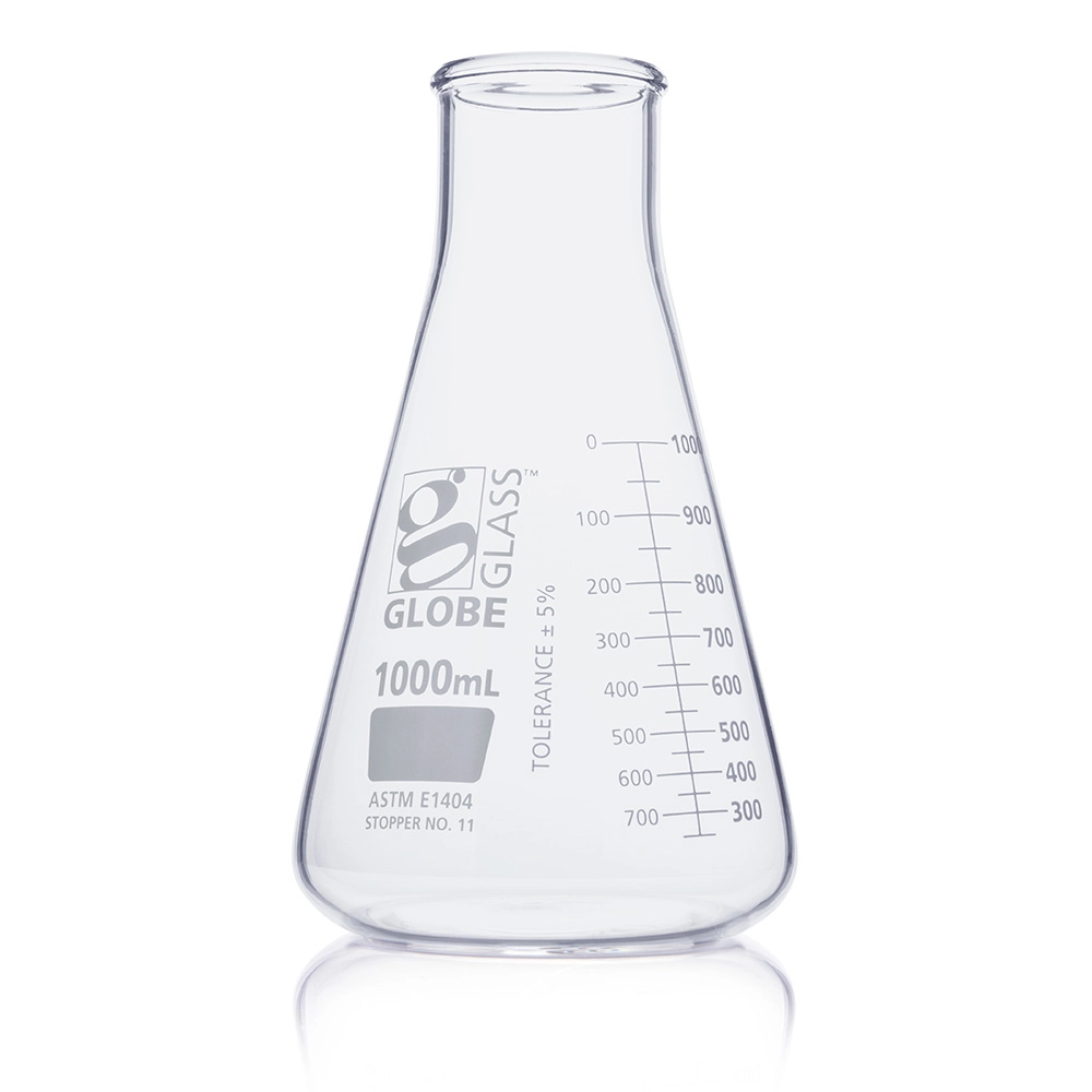 Flask, Erlenmeyer, Globe Glass, 1000mL, Wide Mouth, Dual Graduations, ASTM E1404, 6/Box — Qty/Unit: 6