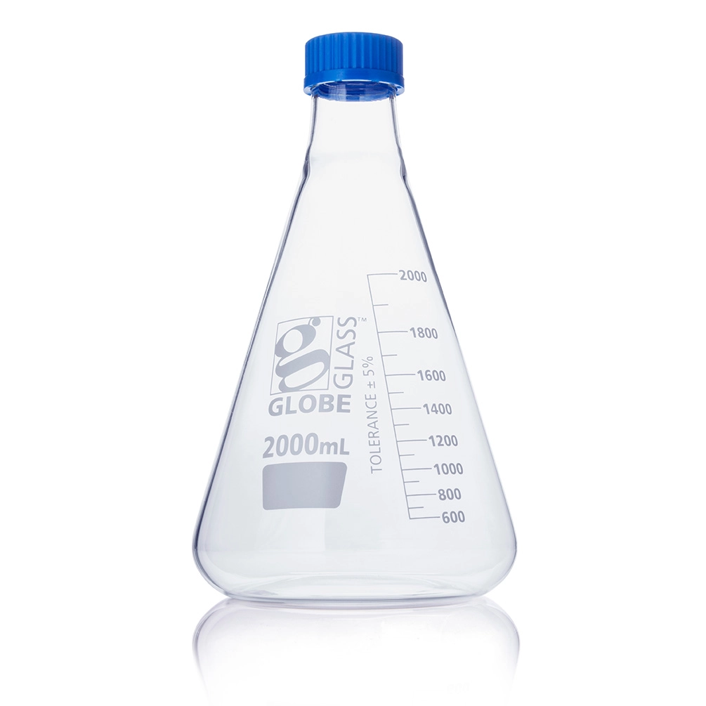 Flask, Erlenmeyer, Globe Glass, 2000mL, Screw Cap, Dual Graduations, ASTM E1404, 1/Box — Qty/Unit: 1