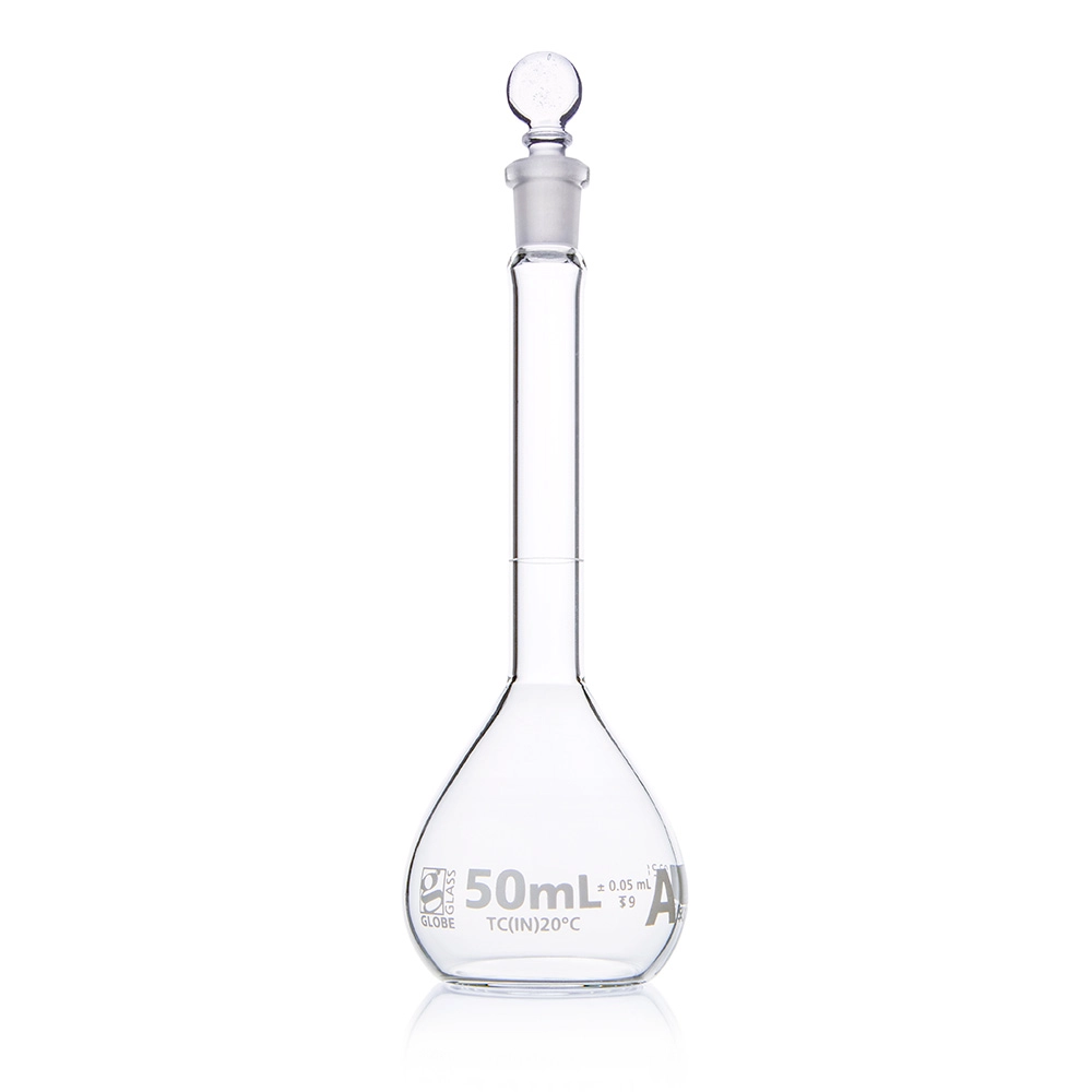 Flask, Volumetric , Globe Glass, 50mL, Class A, To Contain (TC), ASTM E288, 6/Box — Qty/Unit: 6