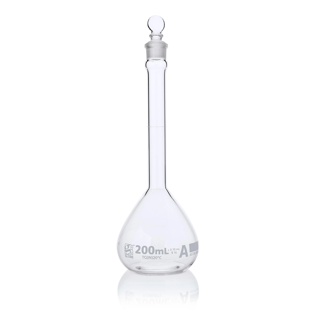 Flask, Volumetric , Globe Glass, 200mL, Class A, To Contain (TC), ASTM E288, 6/Box — Qty/Unit: 6