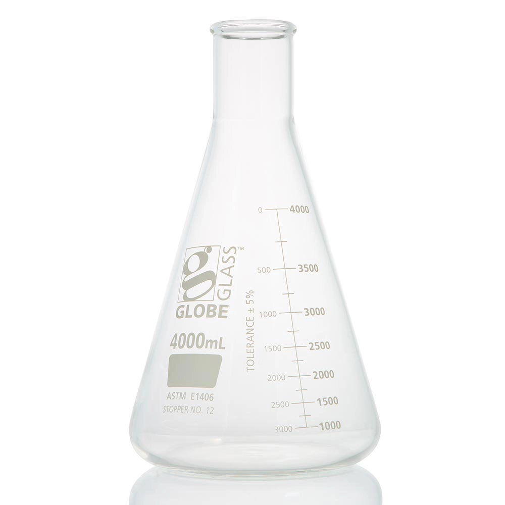 Flask, Erlenmeyer, Globe Glass, 4000mL, Heavy Duty, Narrow Mouth, Dual Graduations, ASTM E1406, 1/Box — Qty/Unit: 1