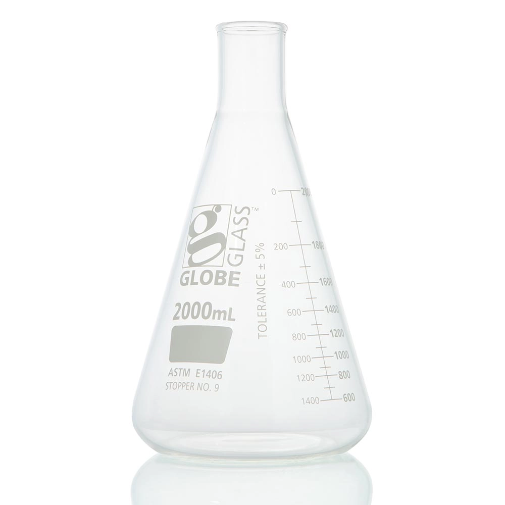 Flask, Erlenmeyer, Globe Glass, 2000mL, Heavy Duty, Narrow Mouth, Dual Graduations, ASTM E1406, 1/Box — Qty/Unit: 1