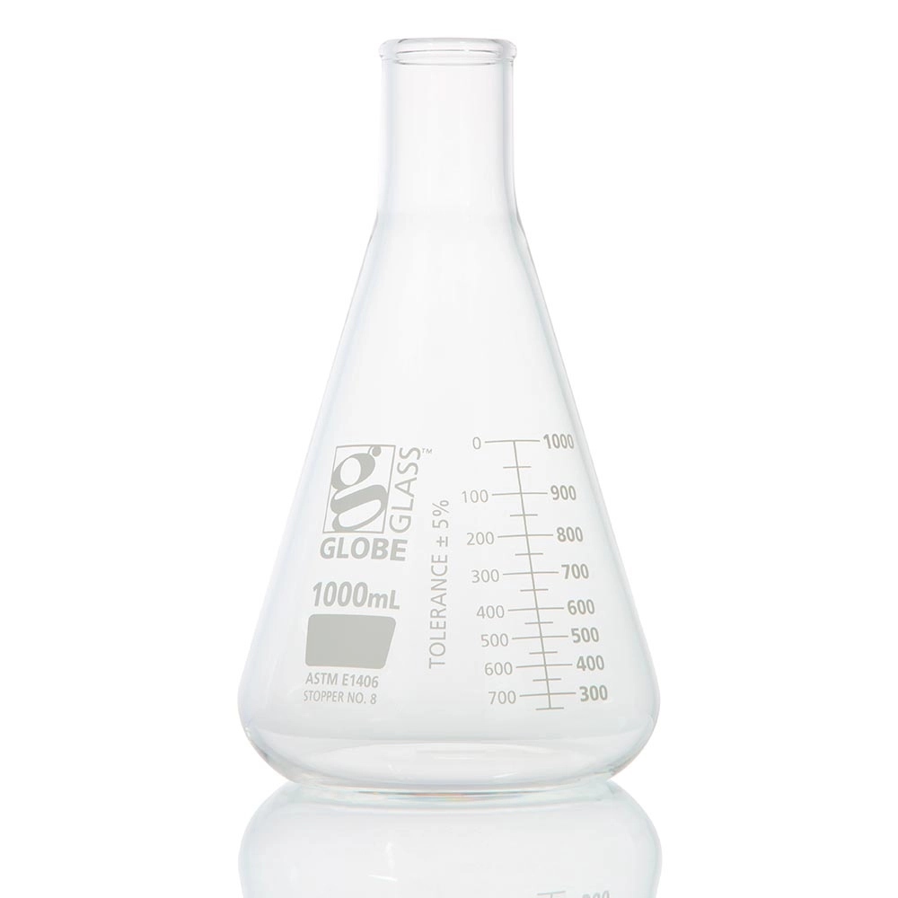 1000mL Erlenmeyer Flask, Globe Glass, Heavy Duty, Narrow Mouth, Dual Graduations