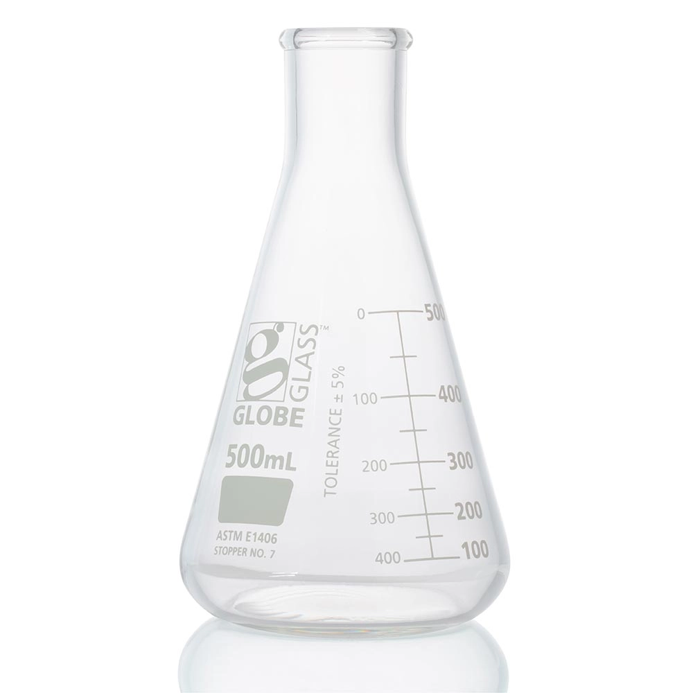 Flask, Erlenmeyer, Globe Glass, 500mL, Heavy Duty, Narrow Mouth, Dual Graduations, ASTM E1406, 1/Box — Qty/Unit: 1