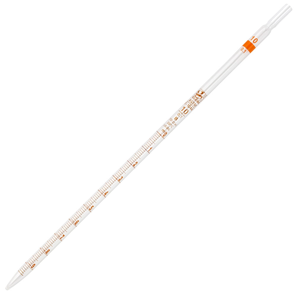 Pipette, Serological, Globe Glass, Reusable, 10mL, To Deliver (TD), 0.1 Graduations, Orange Band, ASTM E1044, 6/Box — Qty/Unit: 6