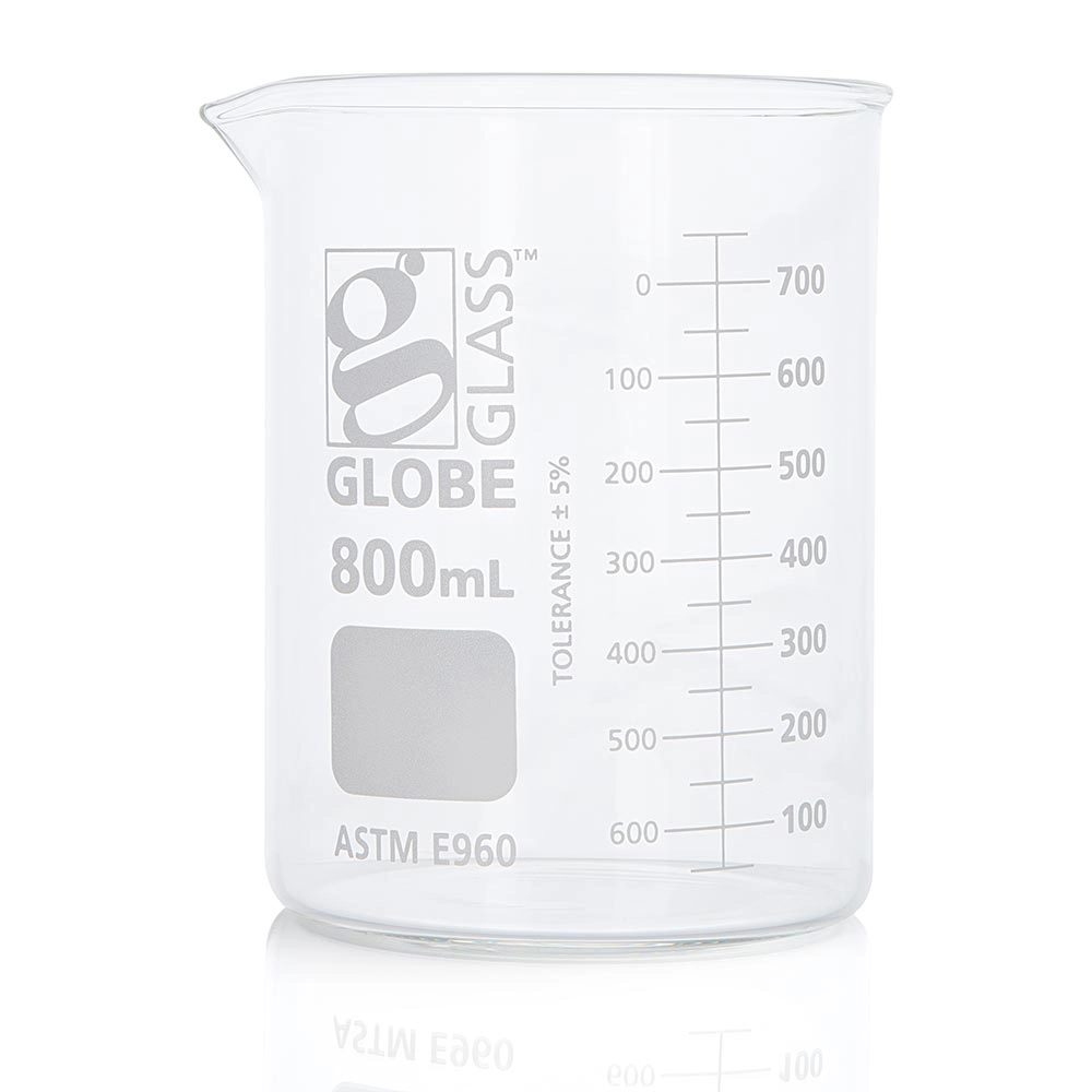 Beaker, Globe Glass, 800mL, Low Form Griffin Style, Dual Graduations, ASTM E960, 6/Box — Qty/Unit: 6