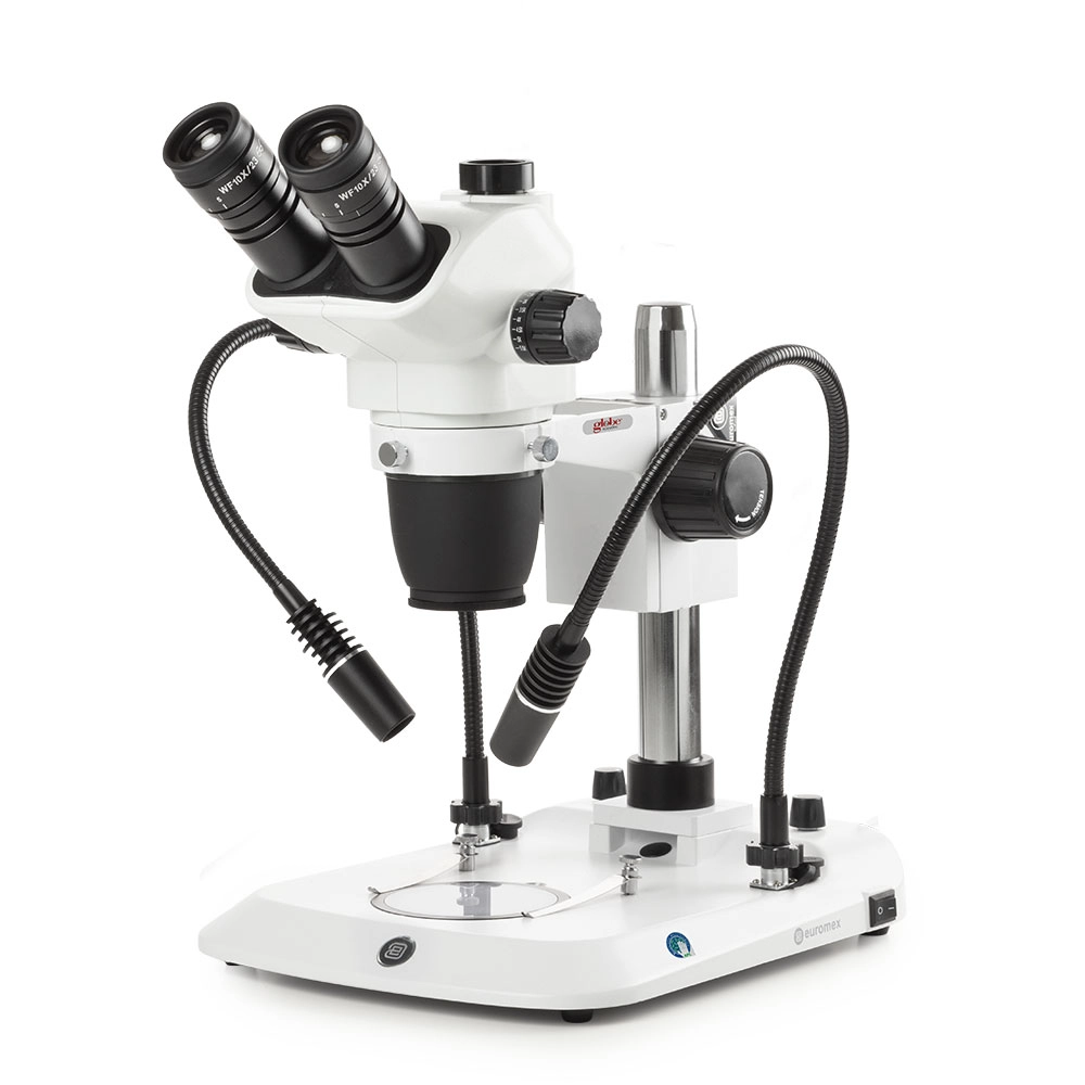 Trinocular stereo zoom microscope NexiusZoom EVO, 0.65x to 5.5x zoom objective, magnification from 6.5x to 55x with pillar. Two incident LED illuminations with Gooseneck and one transmitted 3W LED illumination — Qty/Unit: 1