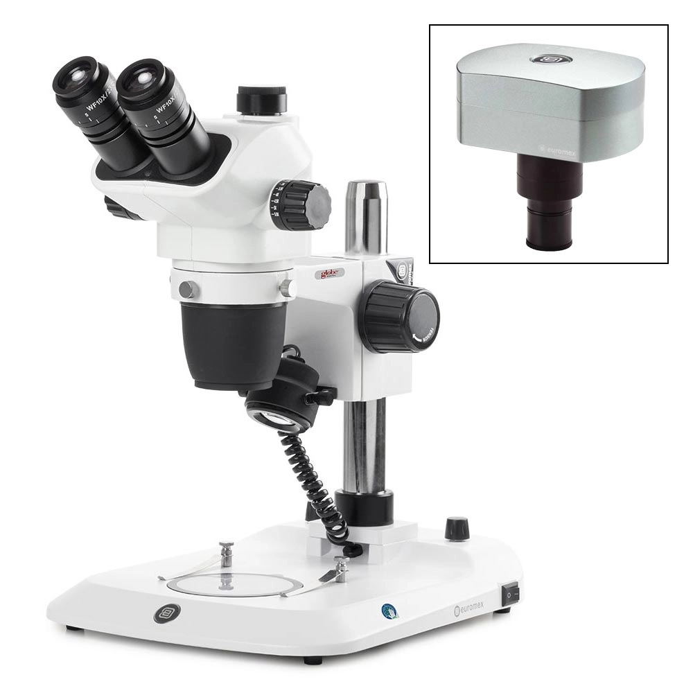 Trinocular stereo zoom microscope NexiusZoom EVO, 0.65x to 5.5x zoom objective, magnification from 6.5x to 55x with pillar. Incident and transmitted 3W LED illuminations, with CMEX-18 Pro, 18.0MP digital USB-3 camera with 1/2.3 inch CMOS sensor — Qty/Unit: 1