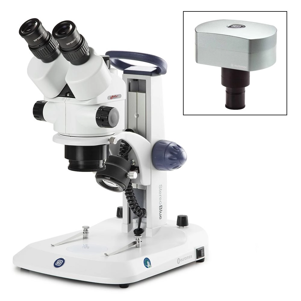 Trinocular stereo zoom microscope StereoBlue, 0.7x to 4.5x zoom objective, magnification from 7x to 45x, ergonomically stand with incident and transmitted LED illumination, with CMEX-18 Pro, 18.0MP digital USB-3 camera with 1/2.3 inch CMOS sensor — Qty/Unit: 1