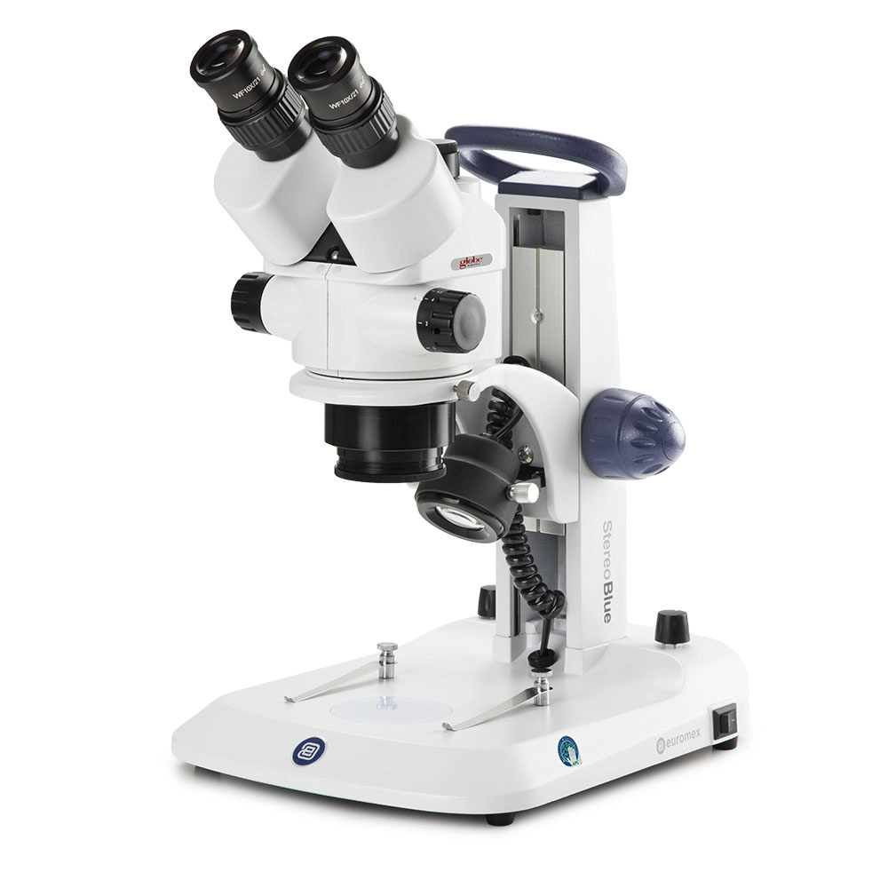 Trinocular stereo zoom microscope StereoBlue, 0.7x to 4.5x zoom objective, magnification from 7x to 45x, ergonomically stand with incident and transmitted LED illumination — Qty/Unit: 1