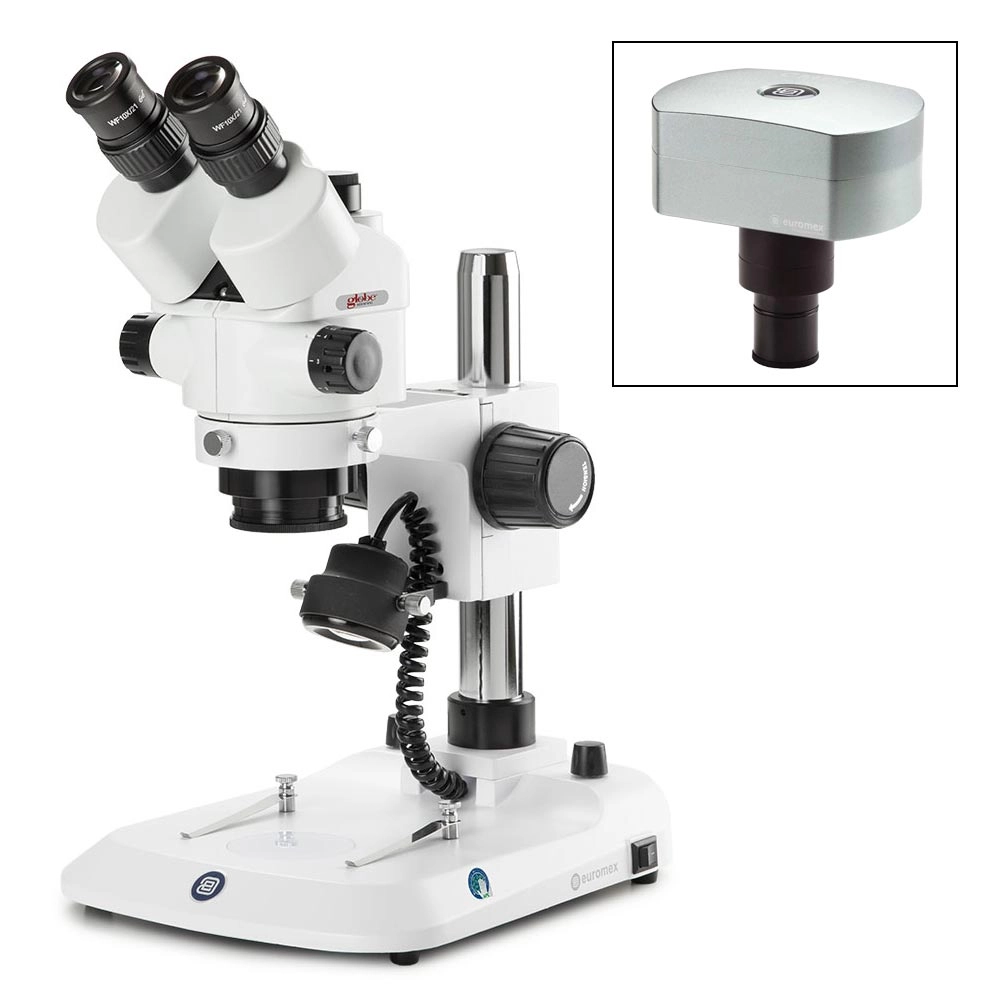 Trinocular stereo zoom microscope StereoBlue, 0.7x to 4.5x zoom objective, magnification from 7x to 45x, ergonomically pillar stand with incident and transmitted LED illumination, with CMEX-18 Pro, 18.0MP digital USB-3 camera with 1/2.3 inch CMOS sensor — Qty/Unit: 1