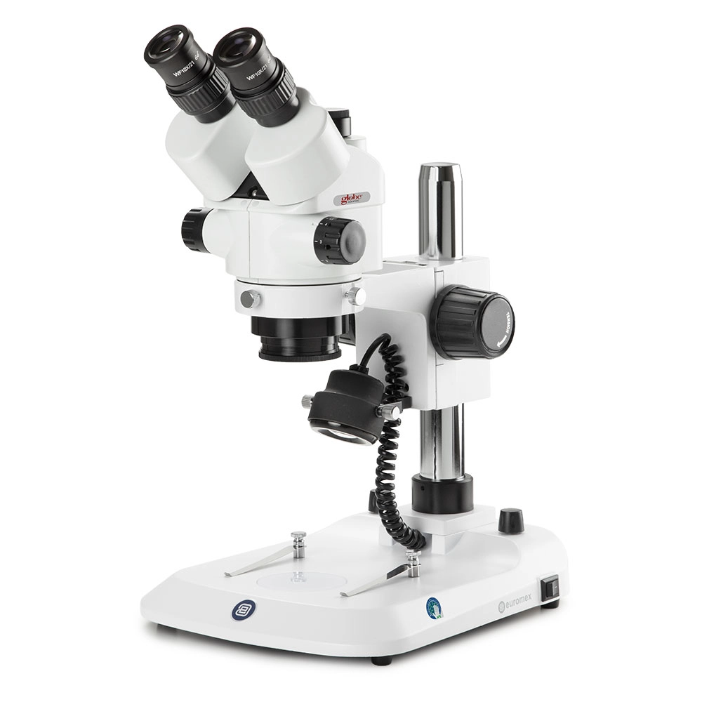 Trinocular stereo zoom microscope StereoBlue, 0.7x to 4.5x zoom objective, magnification from 7x to 45x, ergonomically pillar stand with incident and transmitted LED illumination — Qty/Unit: 1