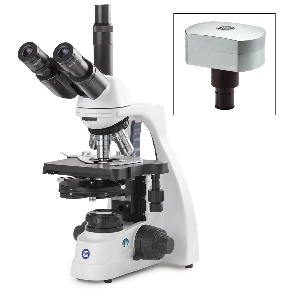 bScope trinocular microscope, HWF 10x/20mm eyepieces and quintuple nosepiece with Plan phase PLPHI 10/20/S40/S100x oil infinity corrected objectives, 131 x 152/197mm stage with integrated mechanical 75 x 36mm rackless X-Y stage. Zernike phase contrast condenser with iris diaphragm and filter holder.3W NeoLED™ Köhler illumination and integrated power supply. Supplied without rechargeable batteries, with CMEX-18 Pro, 18.0MP digital USB-3 camera with 1/2.3 inch CMOS sensor — Qty/Unit: 1