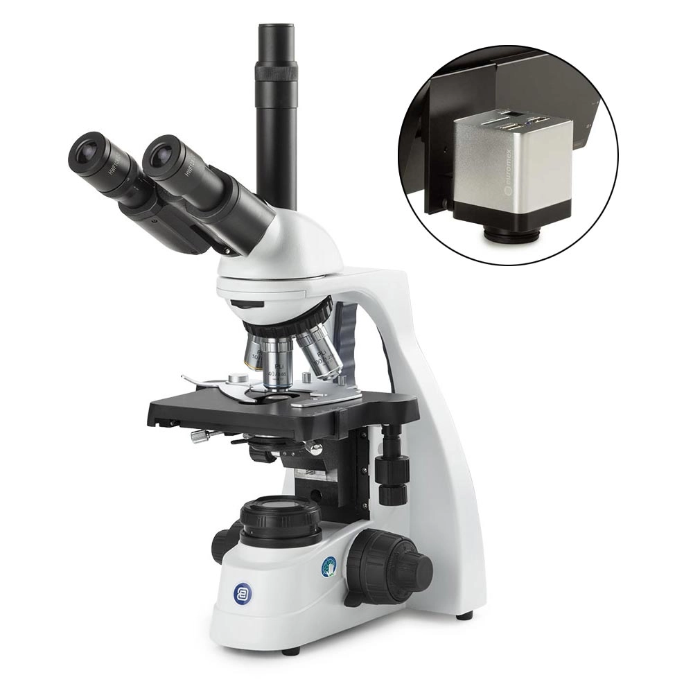 bScope trinocular microscope, HWF 10x/20mm eyepieces and quintuple nosepiece with Plan PLI 4/10/S40/S100x oil infinity corrected IOS objectives, 131 x 152/197mm stage with integrated mechanical 75 x 36 mm rackless X-Y stage. 3W NeoLED™ Köhler illumination and integrated power supply. Supplied without rechargeable batteries, with HD-Mini camera, color High definition 2MP high speed camera with 13 inch HD screen, 1280 x 1080p, stand-alone usage with standard 32GB SD card, HDMI output. With buil