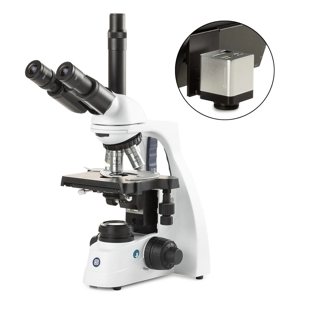 bScope trinocular microscope, HWF 10x/20mm eyepieces and quintuple nosepiece with E-plan EPLI 4/10/S40/S100x oil infinity corrected IOS objectives, 131 x 152/197mm stage with integrated mechanical 75 x 36mm rackless X-Y stage. 3W NeoLED™ Köhler illumination and integrated power supply. Supplied without rechargeable batteries, with HD-Mini camera, color High definition 2MP high speed camera with 13 inch HD screen, 1280 x 1080p, stand-alone usage with standard 32GB SD card, HDMI output. With bu