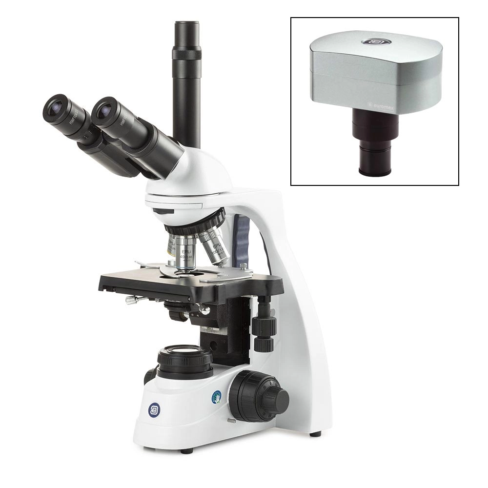 bScope trinocular microscope, HWF 10x/20mm eyepieces and quintuple nosepiece with E-plan EPLI 4/10/S40/S100x oil infinity corrected IOS objectives, 131 x 152/197mm stage with integrated mechanical 75 x 36mm rackless X-Y stage. 3W NeoLED™ Köhler illumination and integrated power supply. Supplied without rechargeable batteries, with CMEX-18 Pro, 18.0MP digital USB-3 camera with 1/2.3 inch CMOS sensor — Qty/Unit: 1