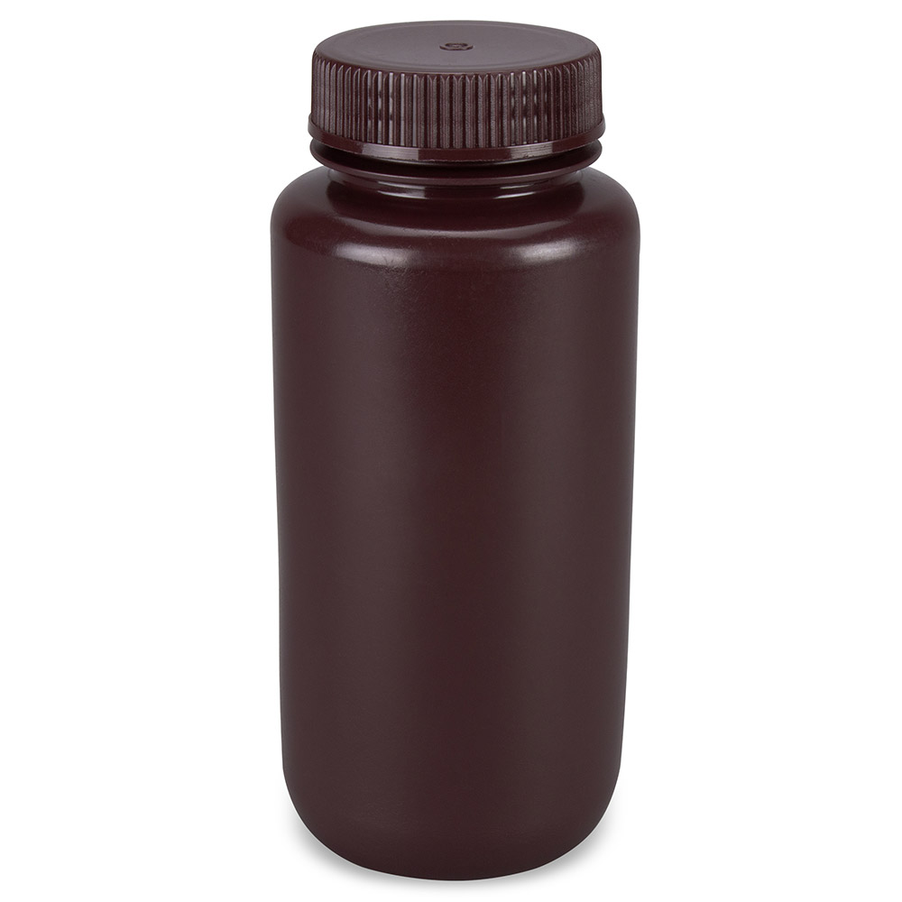 Bottle, Wide Mouth, Round, Amber HDPE with Amber PP Closure, 500mL, Bulk Packed with Bottles and Caps Bagged Separately, 125/Case — Qty/Unit: 125