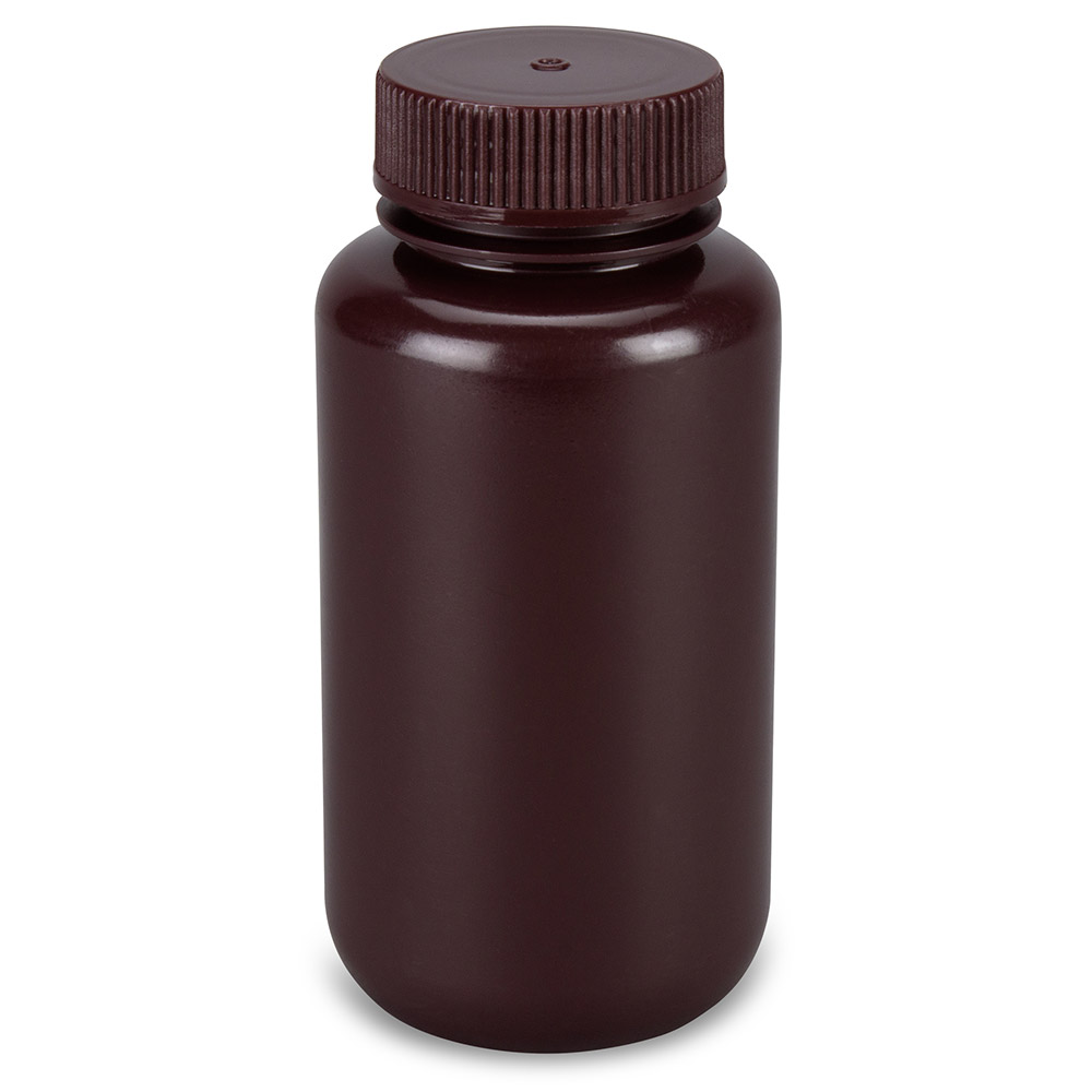 Bottle, Wide Mouth, Round, Amber HDPE with Amber PP Closure, 250mL, Bulk Packed with Bottles and Caps Bagged Separately, 250/Case — Qty/Unit: 250