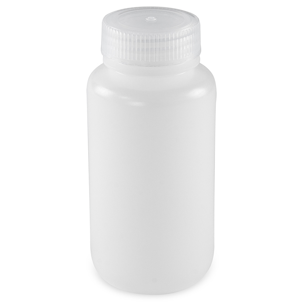 Bottle, Wide Mouth, Round, HDPE with PP Closure, 250mL, Bulk Packed with Bottles and Caps Bagged Separately, 250/Case — Qty/Unit: 250