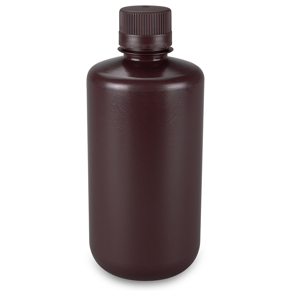 Bottle, Narrow Mouth, Boston Round, Amber HDPE with Amber PP Closure, 1000mL, Bulk Packed with Bottles and Caps Bagged Separately, 50/Case — Qty/Unit: 50