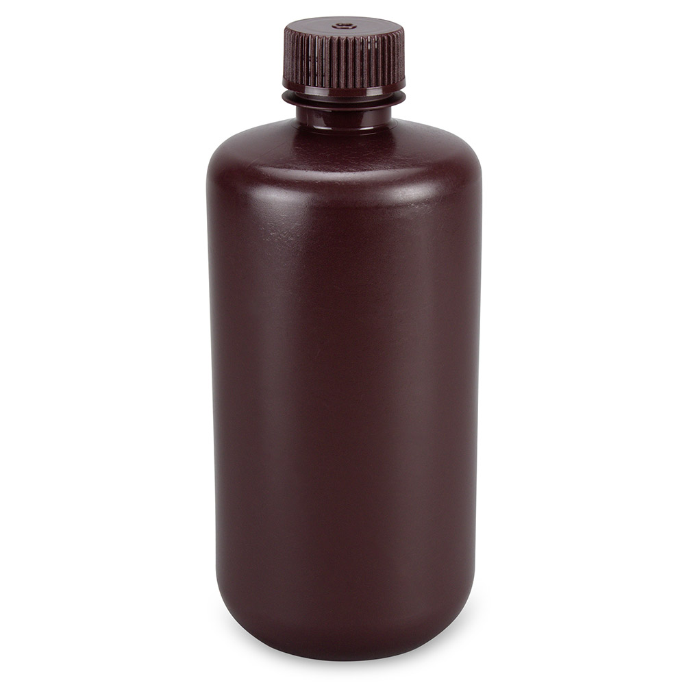 Bottle, Narrow Mouth, Boston Round, Amber HDPE with Amber PP Closure, 500mL, Bulk Packed with Bottles and Caps Bagged Separately, 125/Case — Qty/Unit: 125