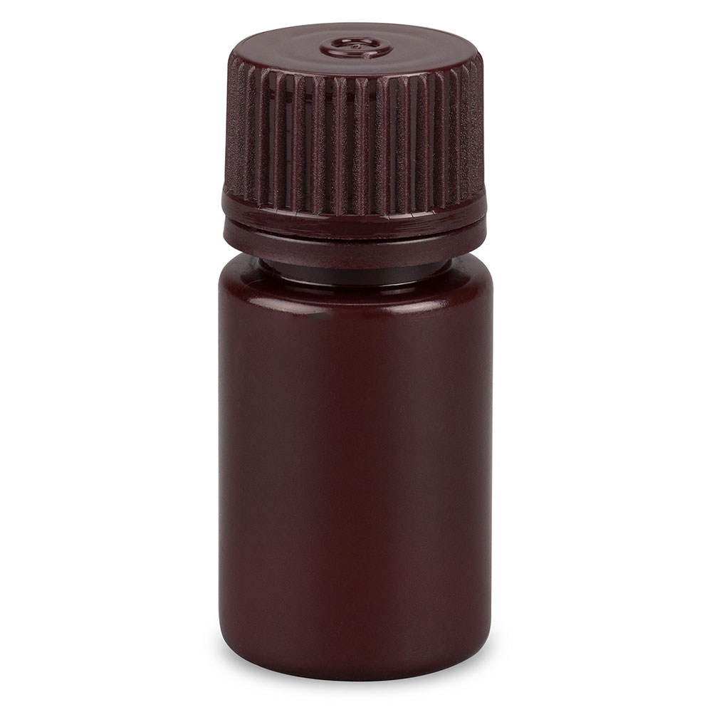 Bottle, Narrow Mouth, Boston Round, Amber HDPE with Amber PP Closure, 15mL, Bulk Packed with Bottles and Caps Bagged Separately, 2000/Case — Qty/Unit: 2000