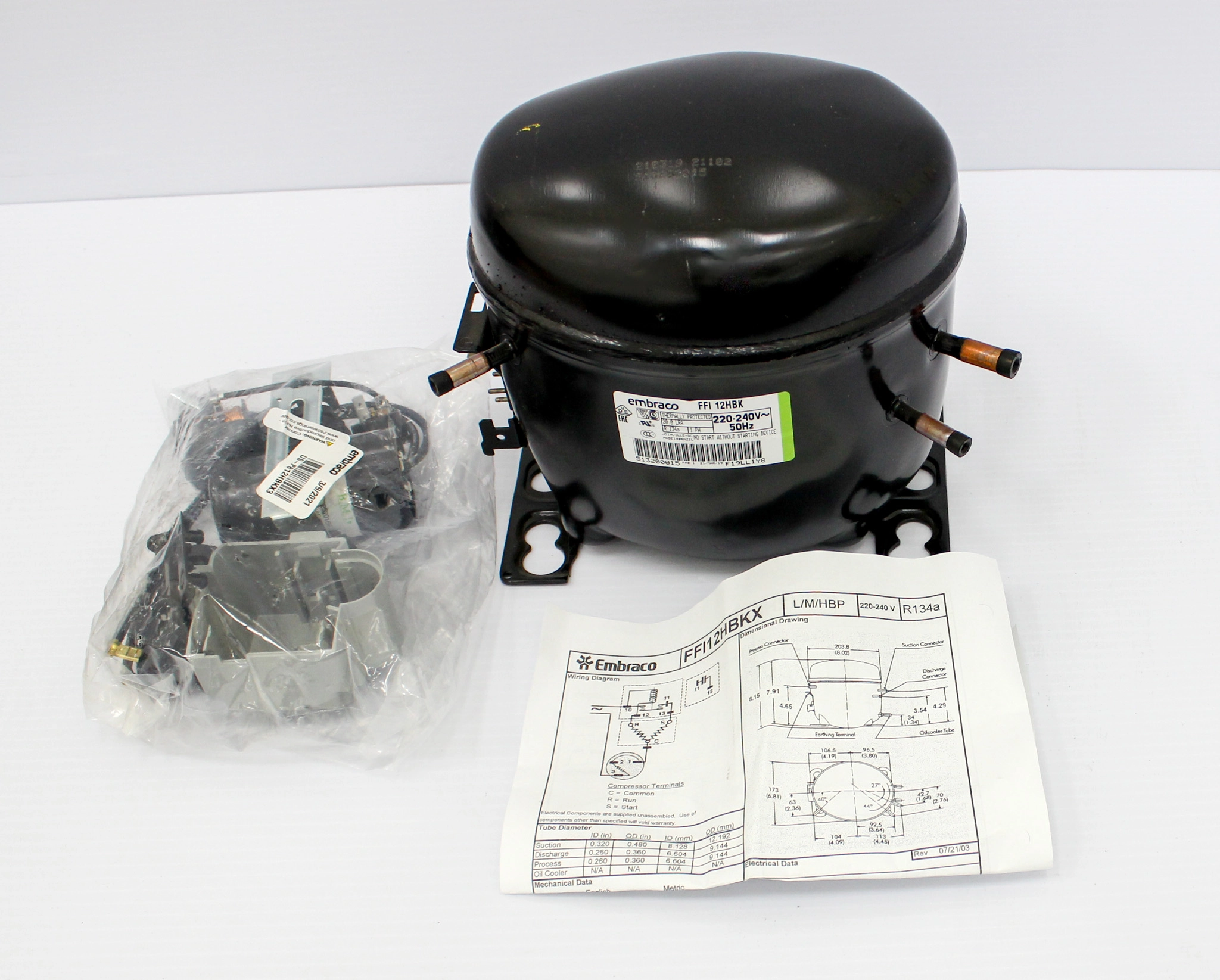 Embraco FFI12 HBK / R134 Refrigeration Compressor with Accessories - 3375845