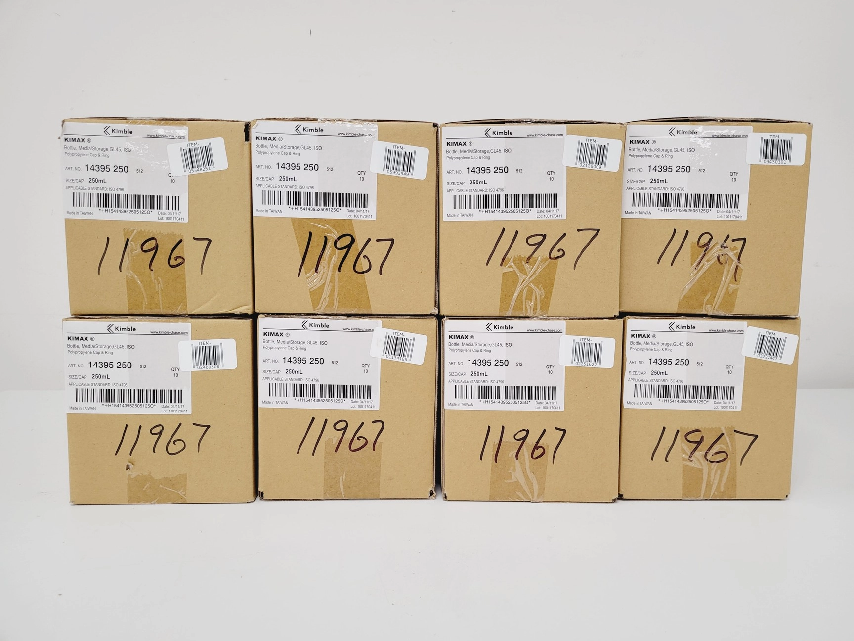 Job Lot of 80 x Media Bottle Kimax ISO GL45 250 ml, Blue PP Cap 8 (10 Per Box)