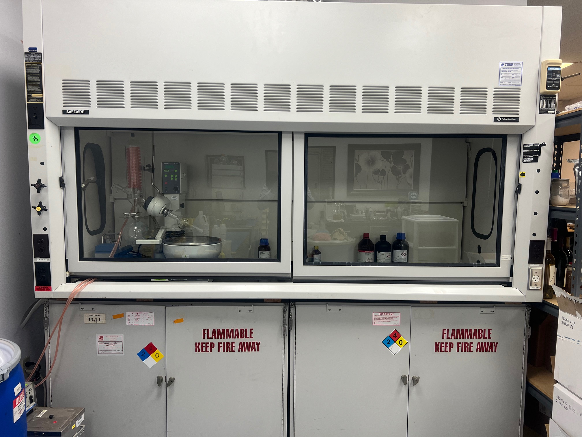 8' FISHER HAMILTON FUMEHOOD WITH FLAMMABLE SOLVENT CABINETS