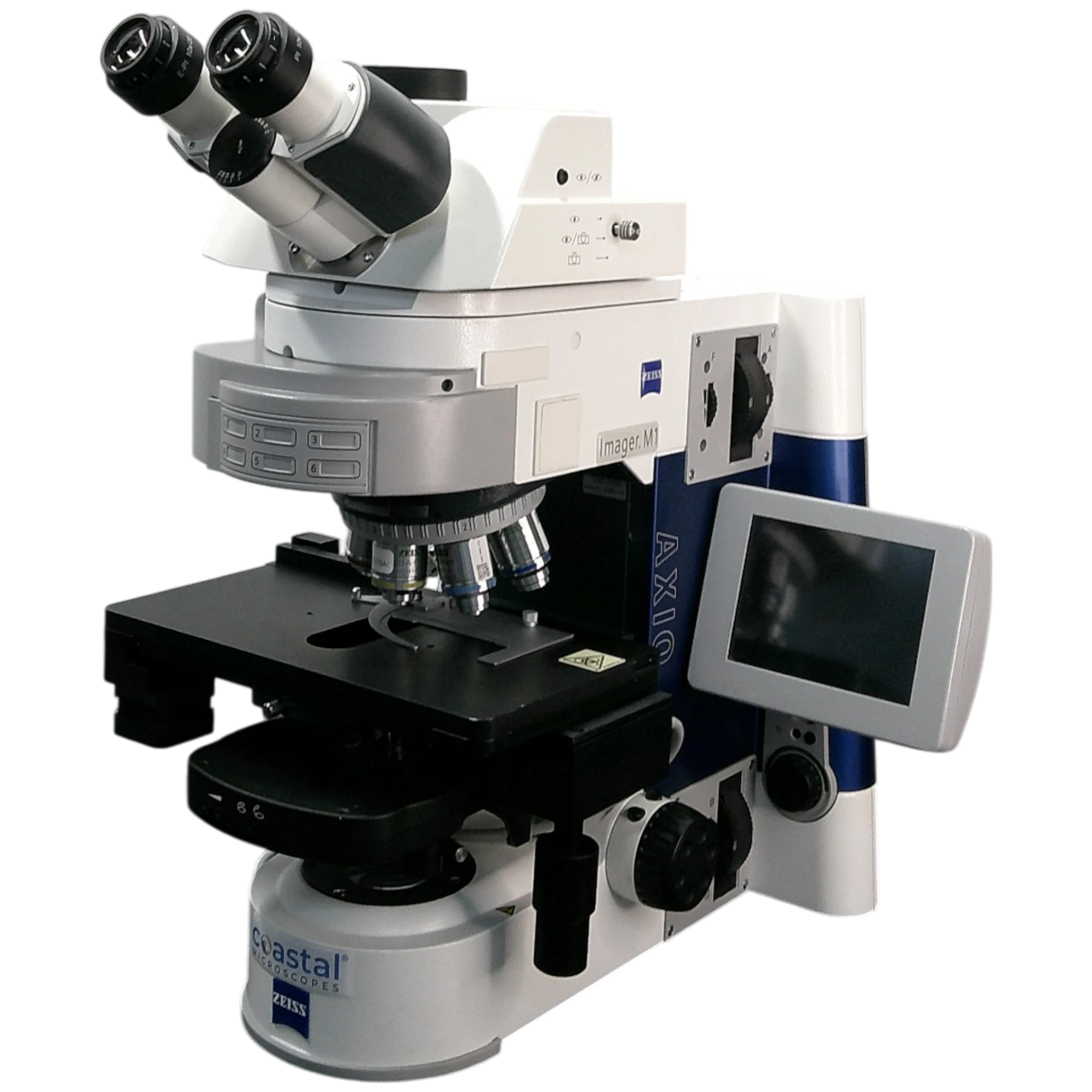 Zeiss Axio Imager M1 Upright Phase Contrast Fluorescence Motorized Trinocular Microscope.