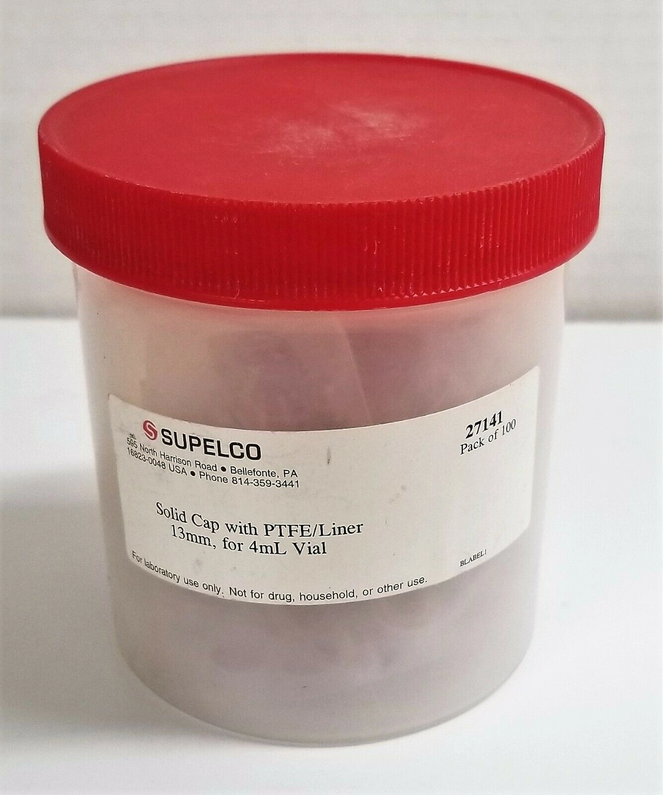 Supelco 27141 PTFE-Lined Solid Caps for 4mL Vials - 13mm Thread (Pack of 100)