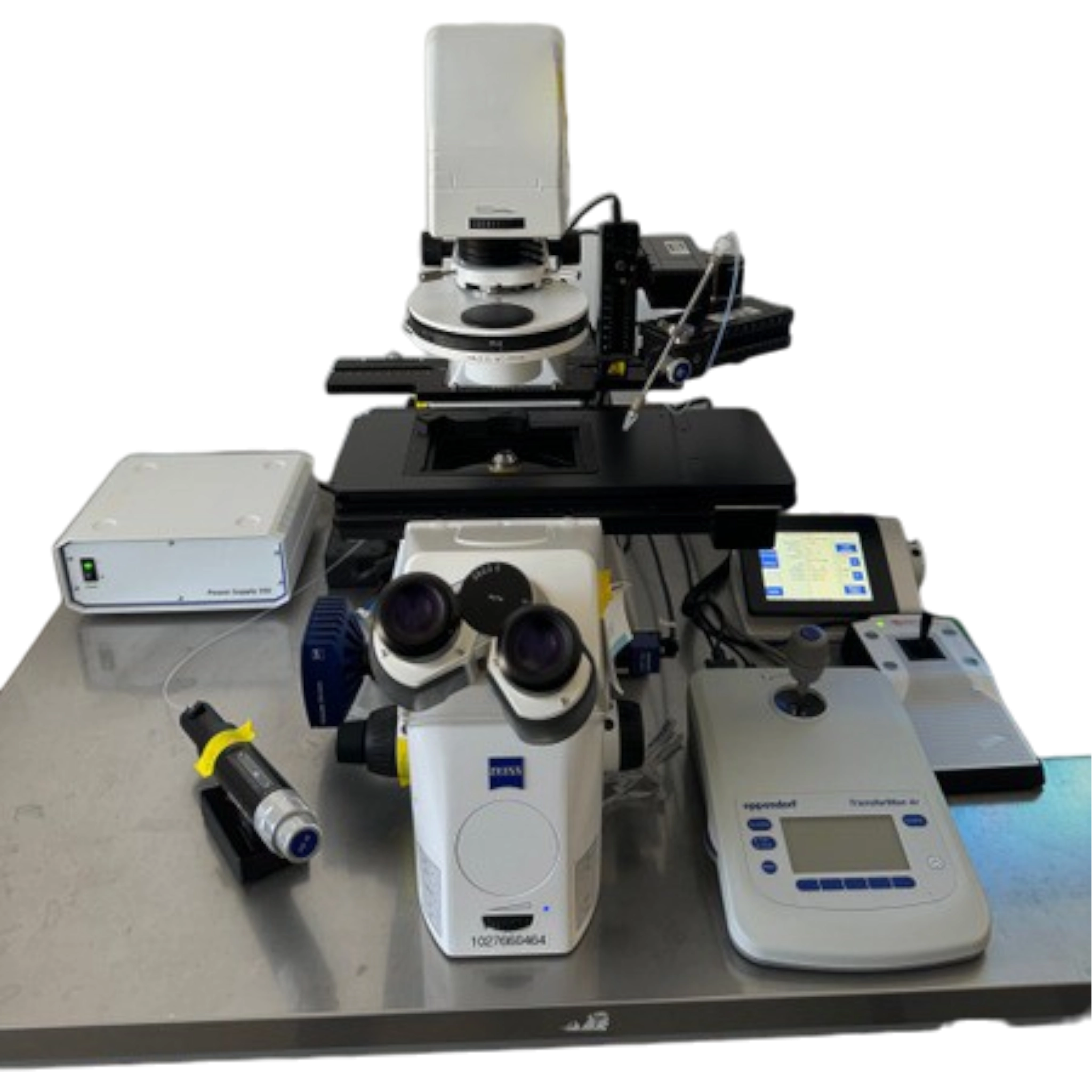 Zeiss Axio Observer Z1 Inverted Phase Contrast Motorized Fluorescence Trinocular w/ Eppendorf Robotic Micropositioner, TransferMan, and CellTram   Microscope