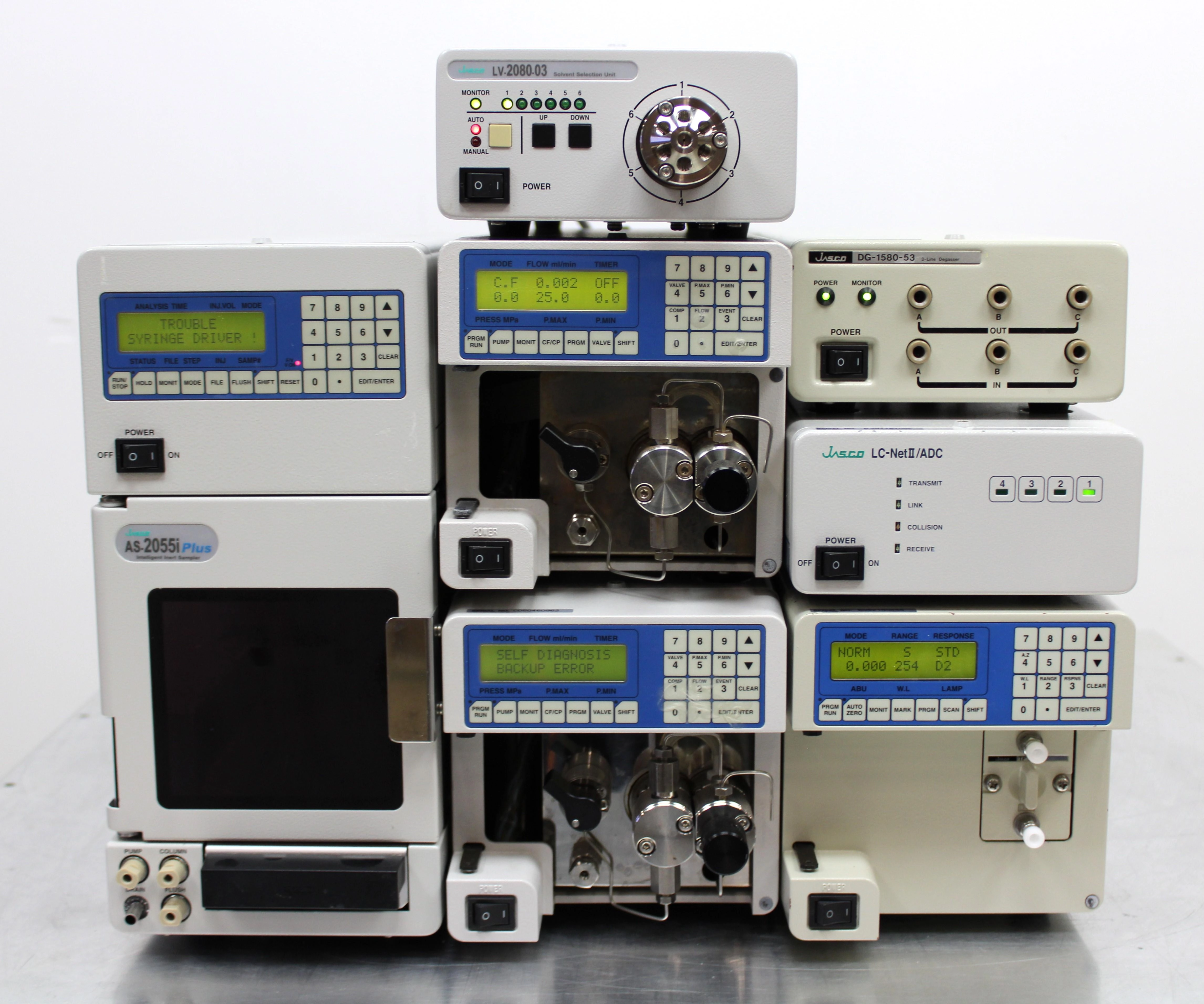 JASCO HPLC System DG-1580-53 LC-NET II/ADC UV-2075 LV-2080-03 PU-2080-03 PU-2080 AS-2055i - 7000530