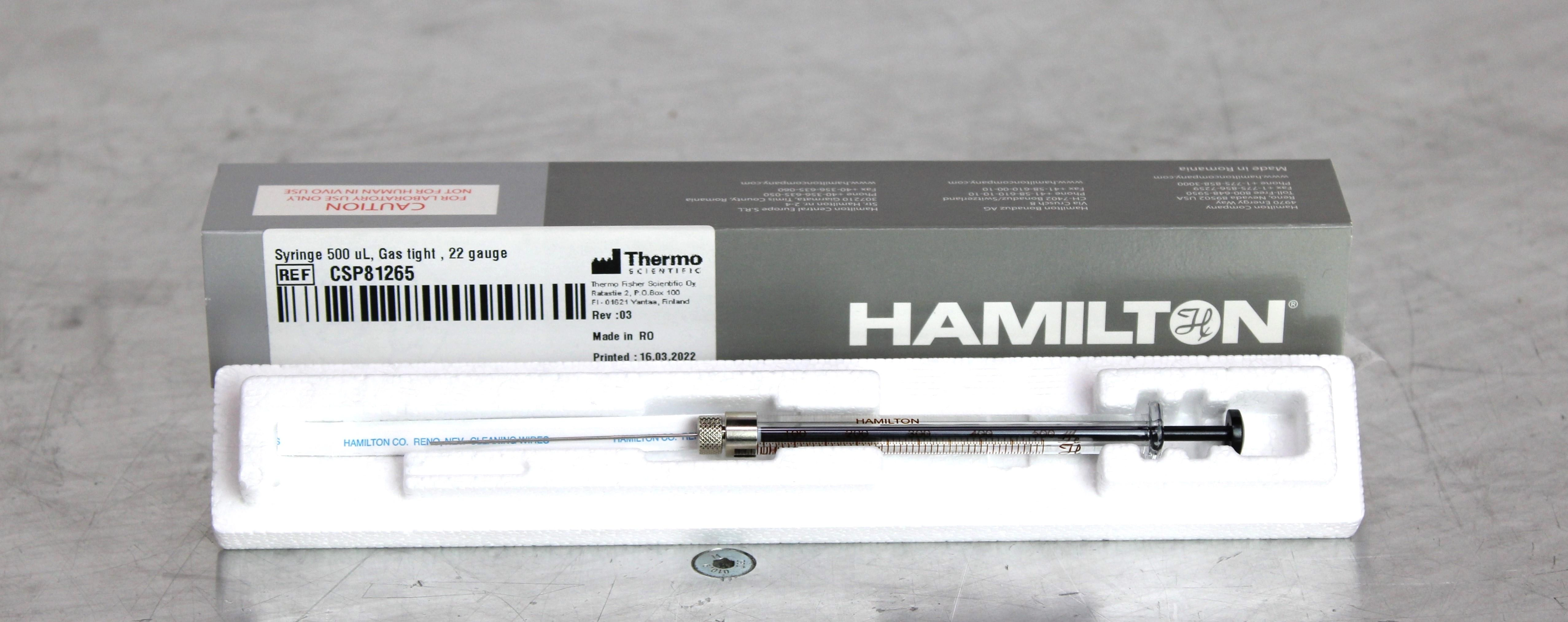 Hamilton 500uL 1750 RN 22 Gauge Gastight Syringe REF 81265 - 2006200390