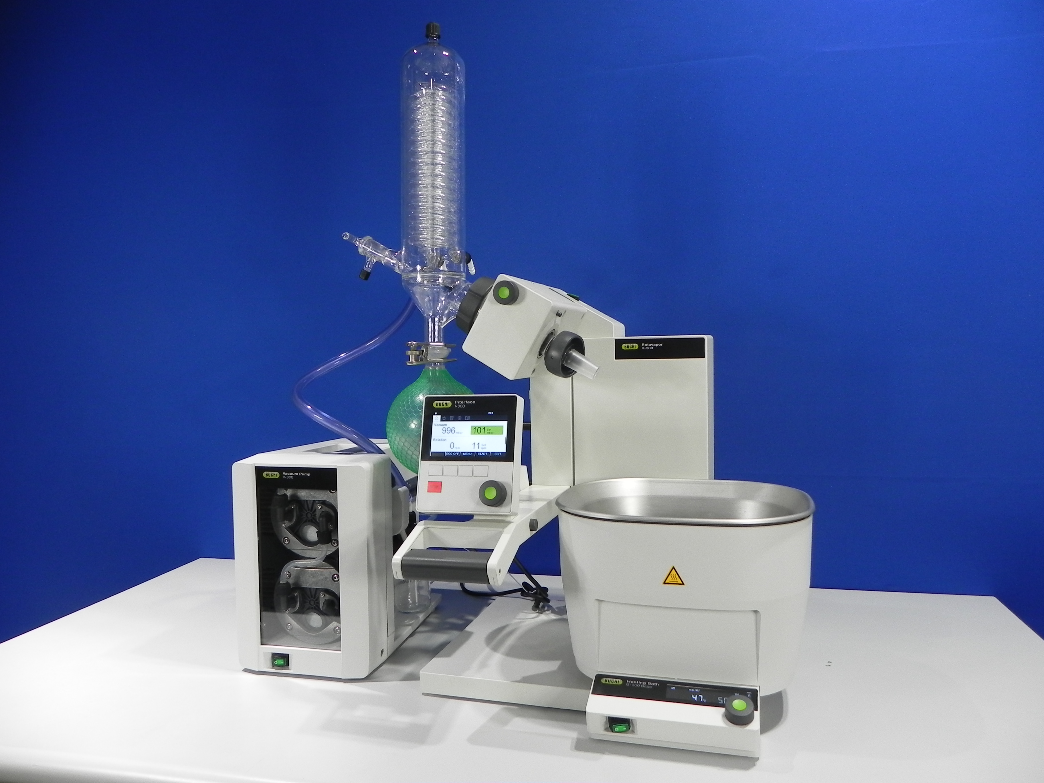 Buchi R-300 Rotary evaporator (Rotavapor), integrated with Buchi Interface I-300, Buchi V-300 diaphragm vacuum pump and Buchi B-305 multi-functional digital heating bath.
