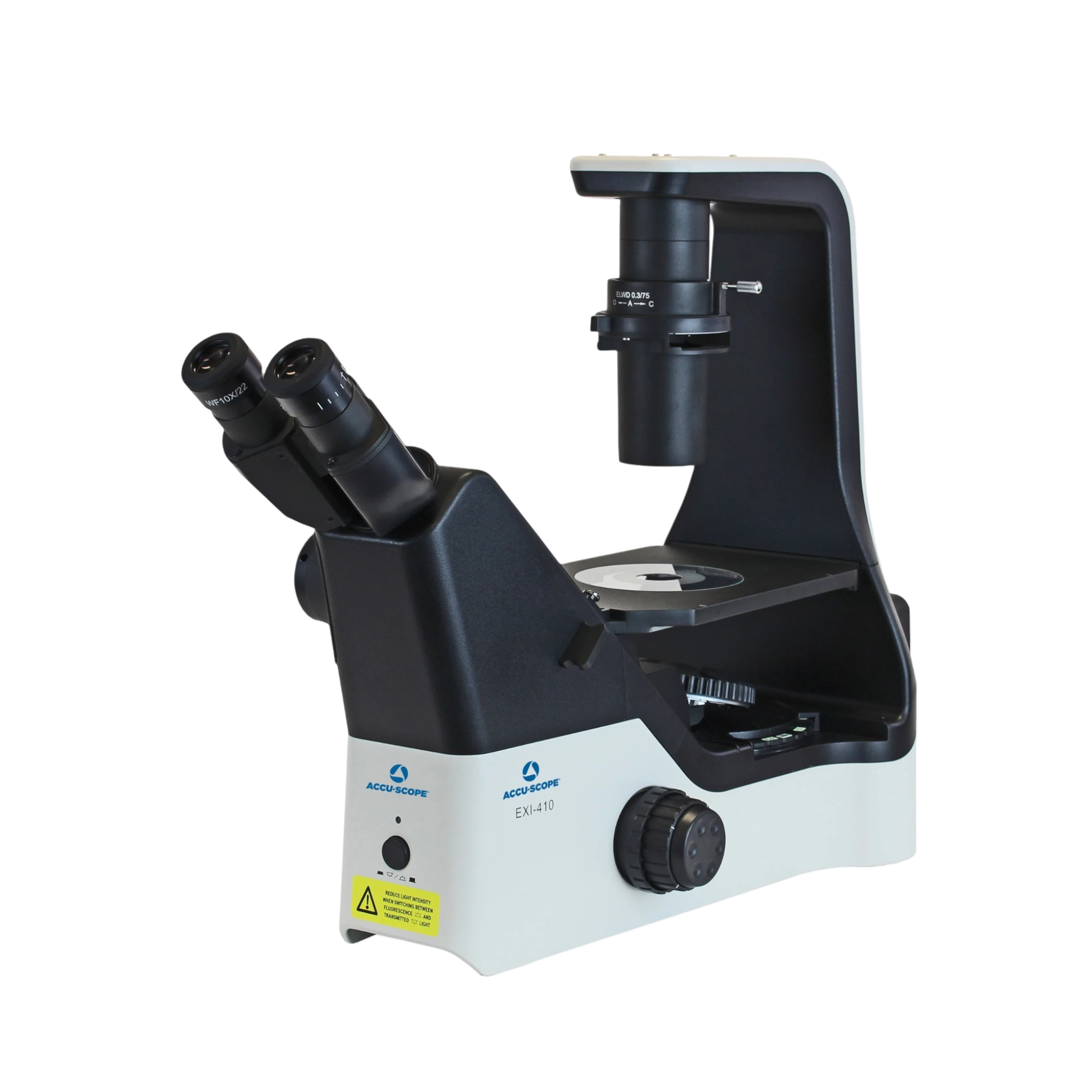 Accu-Scope EXI-410 Inverted Trinocular Phase Contrast with Epi-Fluorescence Attachment Microscope.